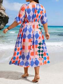 Calvaya Plus Size Women's Short Sleeve Geometric Print Dress - Multicolor - View 2