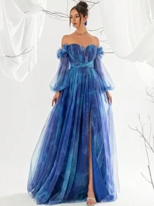 Elisanya Dreamy Elegant Off-Shoulder Gradient Blue Tulle A-Line Long Gown With Puff Sleeves And High Slit, Elegant Party, Prom Dresses For Women, Formal Evening Gown Long Sleeve Wedding Guest Dress, For Graduation, Dinner - Blue - View 1