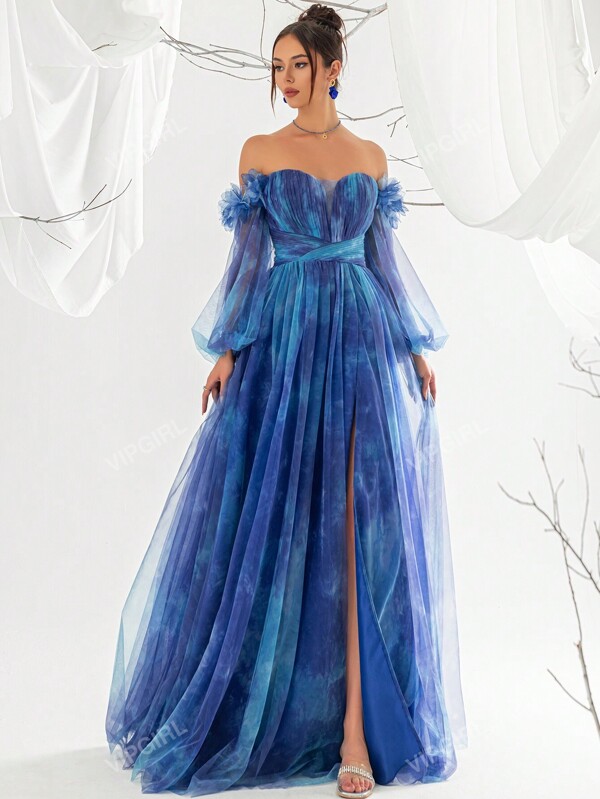 VIPGIRL Dreamy Elegant Off-Shoulder Gradient Blue Tulle A-Line Long Gown With Puff Sleeves And High Slit, Elegant Party, Prom Dresses For Women, Formal Evening Gown Long Sleeve Wedding Guest Dress, For Graduation, Dinner