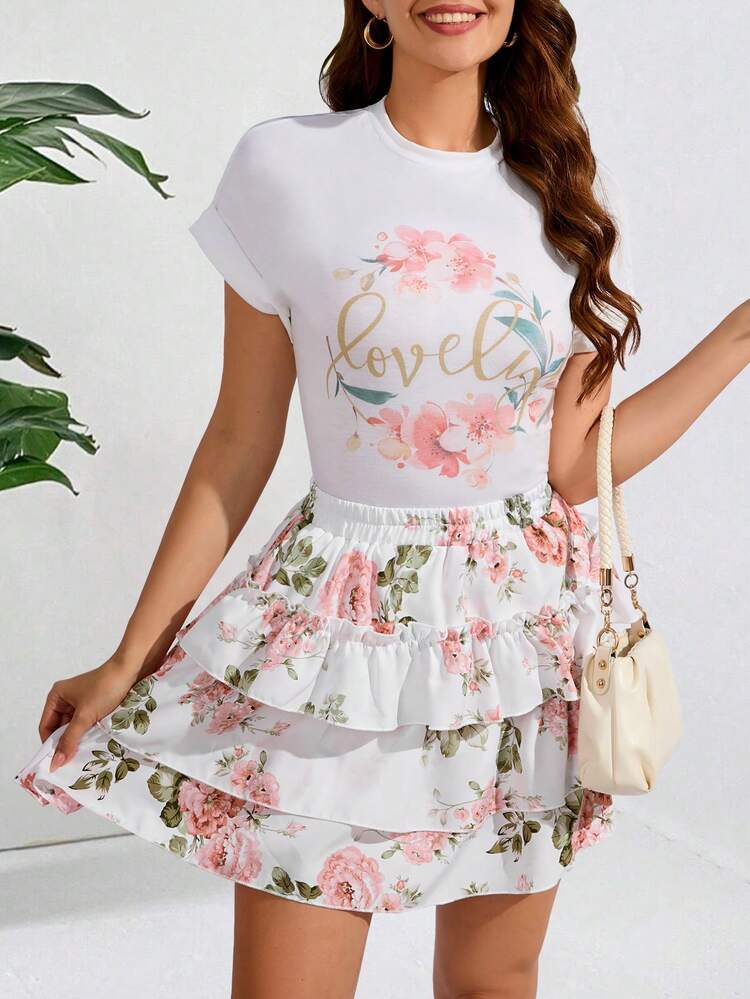 Ladies Letter & Floral Printed T-Shirt And Layered Skirt 2pcs/Set