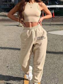 INAWLY Ladies' Solid Color Vest And Letter Print Shorts Set - Apricot - View 1