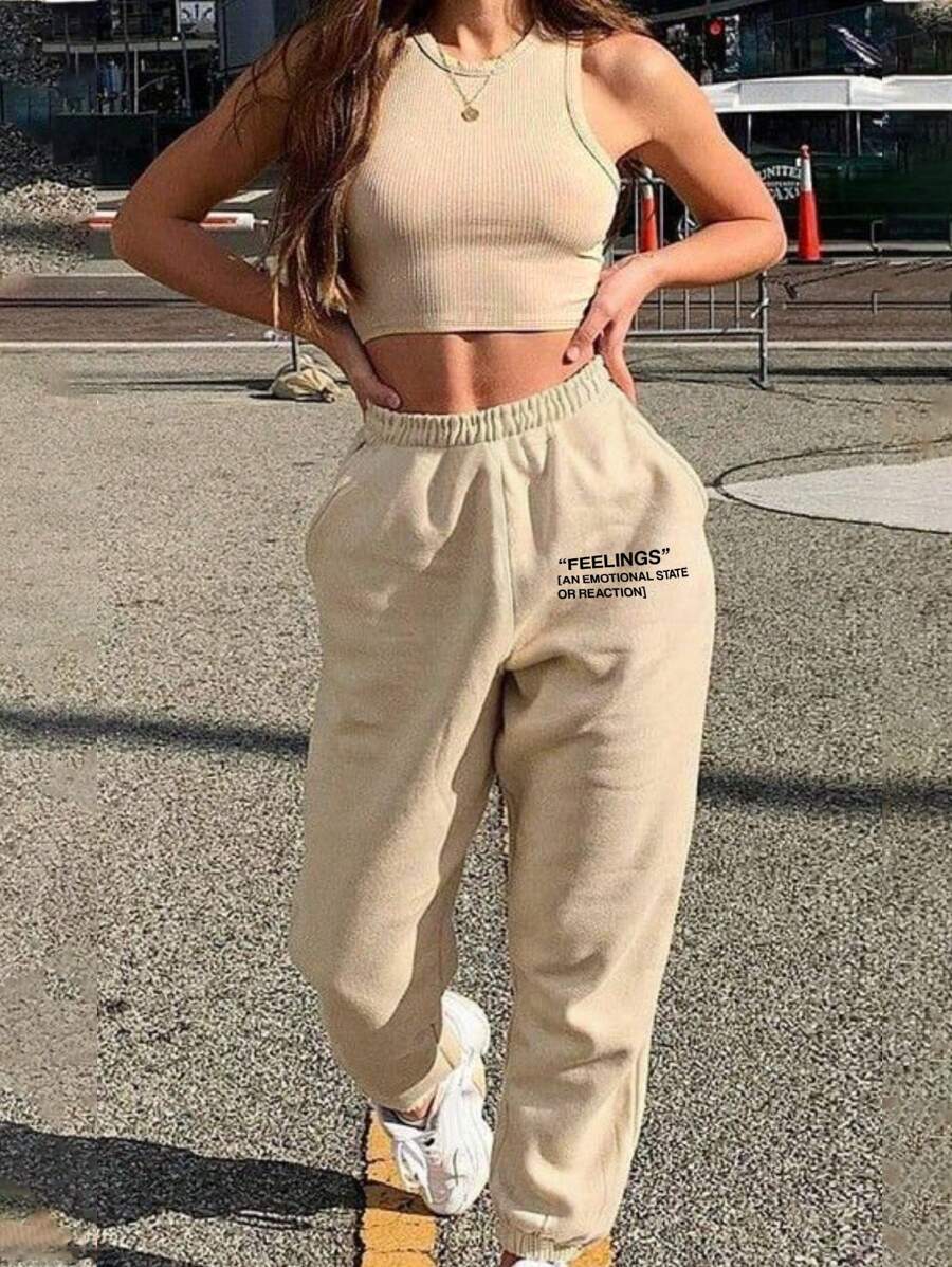 INAWLY Ladies' Solid Color Vest And Letter Print Shorts Set - Apricot - View 1