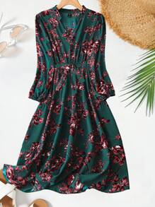 SHEIN LUNE Plant Print Lantern Sleeve Dress - Green - View 5