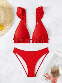 SHEIN Swim 夏季海滩女士纯色比基尼泳装套装带荷叶边装饰新年 - 紅色 - 查看 3