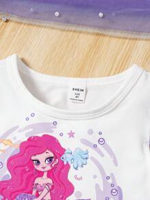 SHEIN Young Girl's Fun & Cute Mermaid Mesh Top With Ruffle Edge Detail And Fish Tail Skirt Set For Summer - Multicolor - View 5