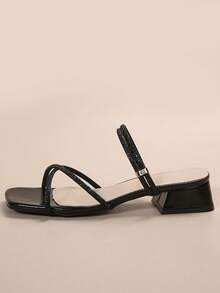 Square Toe Thick Heel Rhinestone Sandals For Women, Beige Fairy-Style High Heels Suitable For Dates, Banquets, Commuting, Parties, Summer & Autumn - Black - View 3