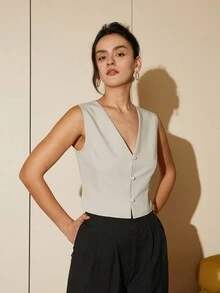 Gilet De Costume À Col En V Sans Manches Pour Femme À Boutonnage Simple - Kaki - Voir 8