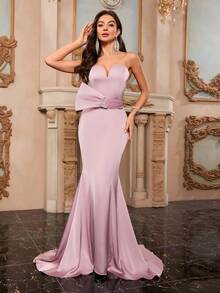 無肩帶筒型裙,無袖褶皺優雅正式晚禮服 - 藕粉色 - 查看 6