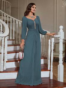 水晶缀饰灯笼袖褶饰伴娘礼服 - 霧霾藍 - 查看 3