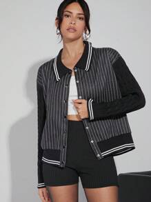 Hauture Women Varsity Chunky Sleeves Jacket - Black - View 1