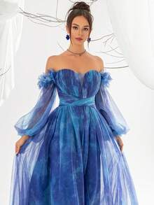 Elisanya Dreamy Elegant Off-Shoulder Gradient Blue Tulle A-Line Long Gown With Puff Sleeves And High Slit, Elegant Party, Prom Dresses For Women, Formal Evening Gown Long Sleeve Wedding Guest Dress, For Graduation, Dinner - Blue - View 6
