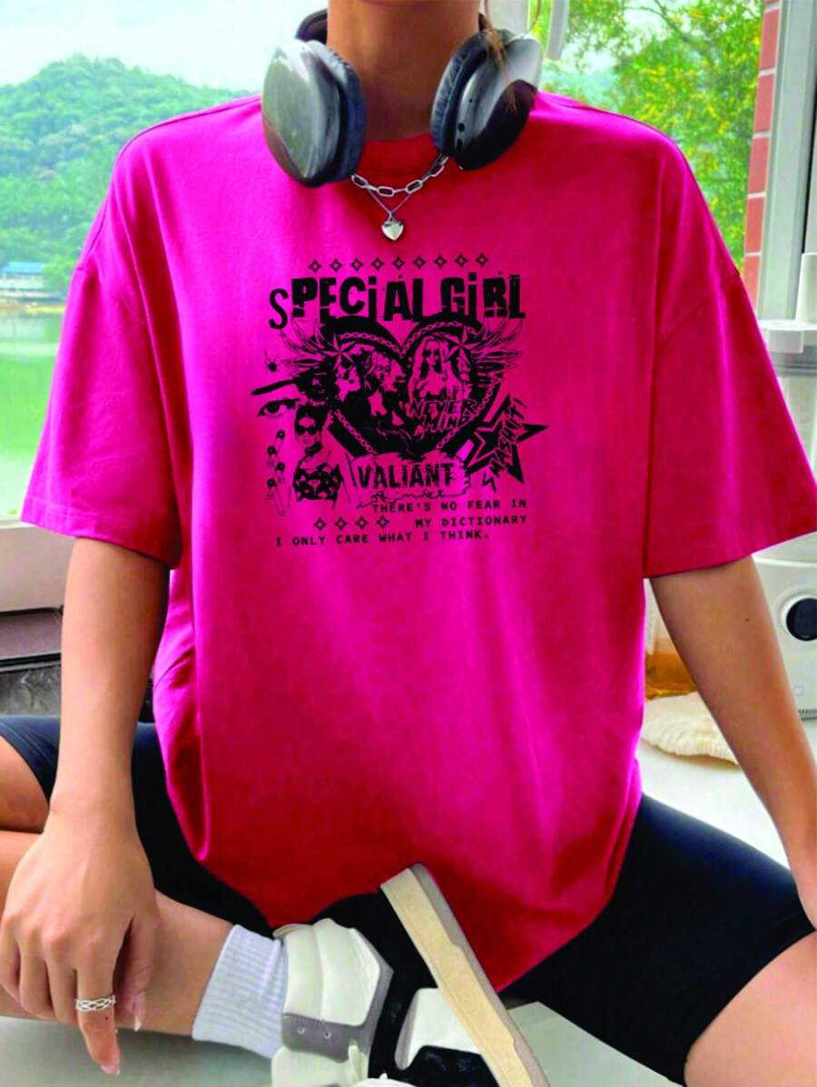 口號圖形連肩t恤 - 粉色 - 查看 1