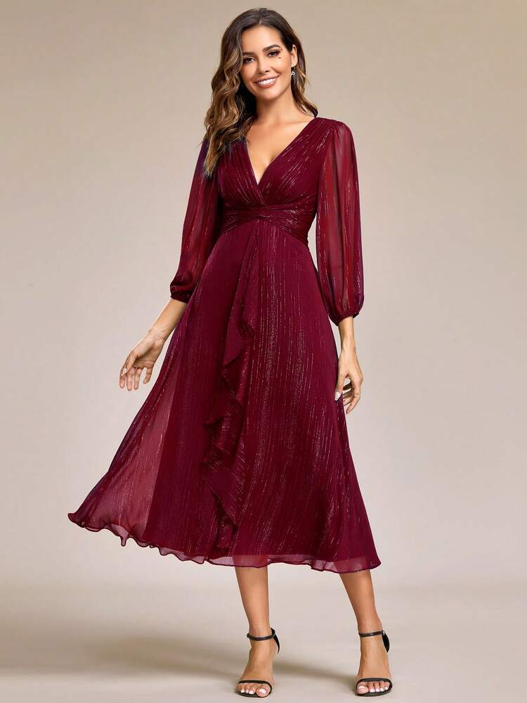 Women's Elegant V-Neck Long Sleeve Sequin Twist Ruched Knee-Length Burgundy Bridesmaid Dress, Wedding Guest Semi-Formal Dress