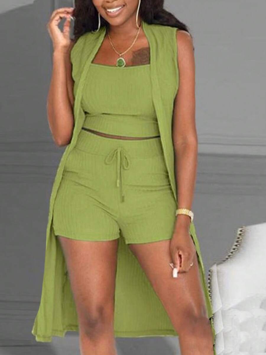 VaVaBold Của phụ nữ Màu thuần Dài Áo vest Áo Và Áo ba lỗ Bộ quần short - màu xanh lá - Xem 1