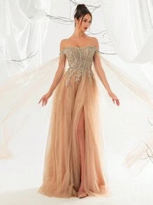 VIPGIRL 1 件露肩亮片装饰长款女士网眼礼服优雅长袖舞会晚会婚礼宾客礼服，适合毕业典礼、晚宴派对礼服 - 香檳色 - 查看 3