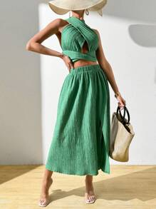 Chiquease Women's Solid Color Hollow Out Top & Side Split Skirt Set - Green - View 4