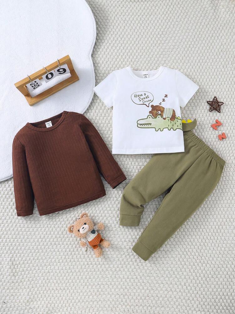 Baby Boys' Cute Crocodile Pattern Long Pants, Long Sleeve And Short Sleeve 3pcs Home Wear Set