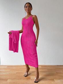 VaVaBold Ladies' Crossback Backless Cami Dress With Long Sleeve Outerwear Two Pieces Set - Hot Pink - View 6