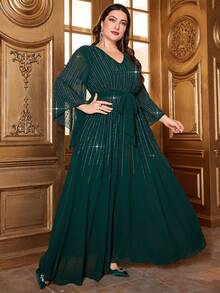 大码女式 V 领纯色饰有珠子、水钻和喇叭形 3/4 袖连衣裙，配有自系腰带，优雅柔软，适合各种场合：节日、派对、约会、聚会等。 - 綠色 - 查看 8