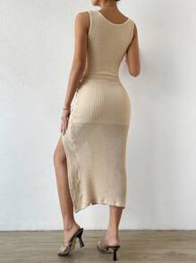 Chiquease Twist Front Cut Out Ruched Split Thigh Dress - Apricot - View 2