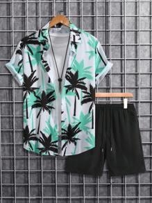 Manfinity RSRT Men's Coconut Tree Pattern Printed Short Sleeve Shirt And Drawstring Shorts Set - Green - View 1