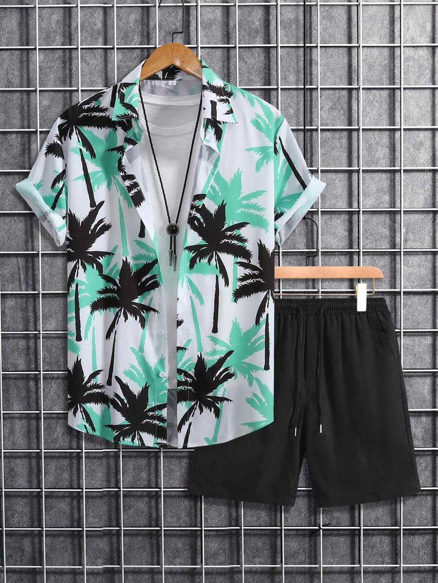 Manfinity RSRT Men's Coconut Tree Pattern Printed Short Sleeve Shirt And Drawstring Shorts Set - Green - View 1