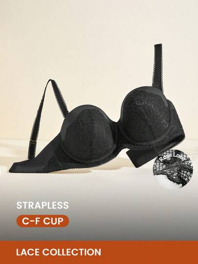 LUVLETTE Sujetador con aros push-up sin tirantes de encaje negro