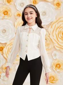 SHEIN Tween Girls' Cute European Organza Shirt With Sheer Sleeves, Faux Pearl Button Up Blouse