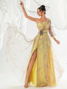 Abito da sera lungo con spacco alto e maniche lunghe, in maglia con stampa Tintura a nodi, elegante vestito lungo formale per laurea, cena, matrimonio, per ospiti - Giallo - Visualizzare 1