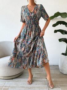 Chiquease Women's Short Sleeve Dress With Paisley Patterned Waist Shirred - Multicolor - View 4
