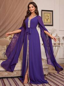 女式超长 V 领雪纺连衣裙，超长袖，朴素卡夫坦阿拉伯连衣裙 - 紫色 - 查看 4