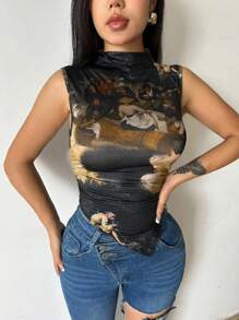 VaVaBold Áo tank top nữ in hình nhân vật hoạt hình, cổ đứng, xếp ly, thích hợp mặc mùa hè. - Nhiều màu - Xem 1