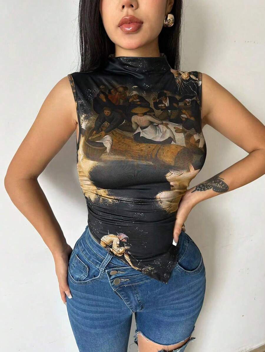 VaVaBold Áo tank top nữ in hình nhân vật hoạt hình, cổ đứng, xếp ly, thích hợp mặc mùa hè. - Nhiều màu - Xem 1