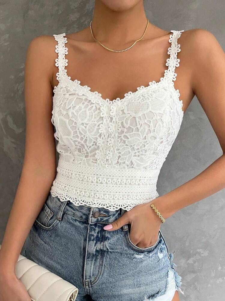 SHEIN Holidaya Top de tirantes con encaje - Blanco - Añade 1