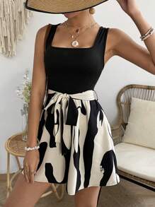 Breezaya Pattern Printed Sleeveless Romper With Waist Belt - Black - View 5