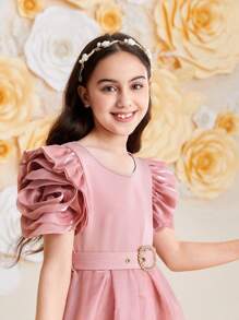 SHEIN Tween Girls' Elegant Mesh Embroidered 3d Flower Sleeves Short Sleeve Midi Dress - Pink - View 4