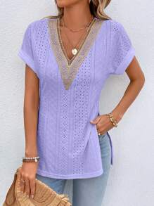 SHEIN LUNE Của phụ nữ Đúng mốt Cổ chữ V Ngắn tay Áo thun - Màu tím - Xem 6