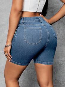 SHEIN SXY 女款緊身牛仔短褲 - 淺色水洗藍 - 查看 2