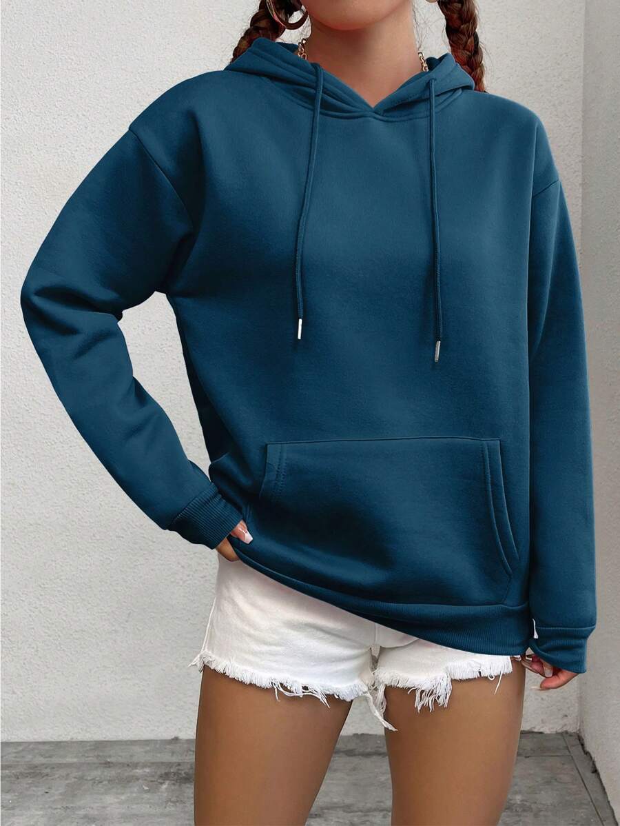 INAWLY 袋鼠口袋抽绳保暖内衬连帽衫，长袖上衣 - 藏蓝色 - 查看 1