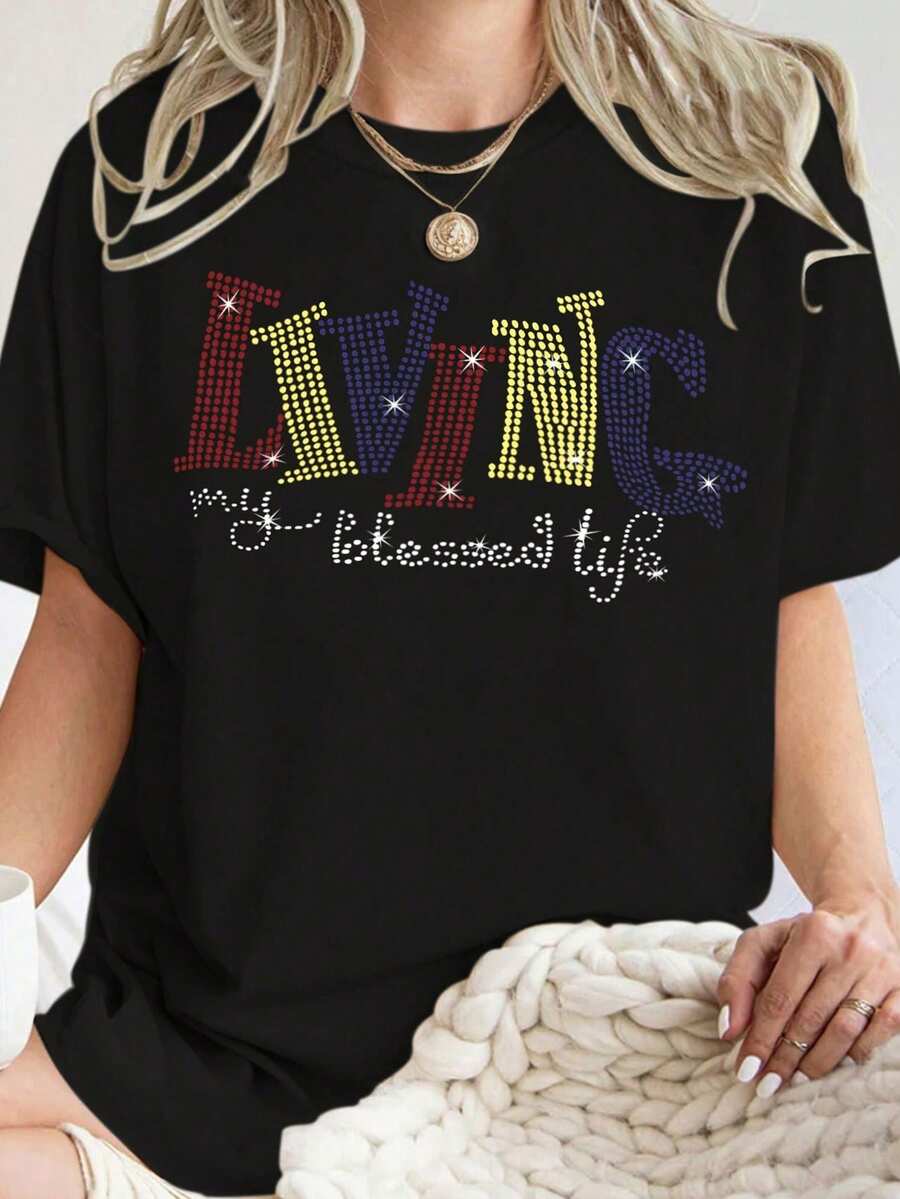 SHEIN Essnce Của phụ nữ Slogan In Vòng cổ Ngắn tay Áo thun - màu đen - Xem 1