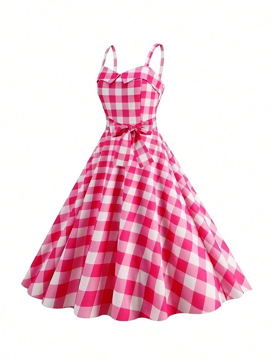 Breezaya 格紋印花腰帶吊帶洋裝 - 粉色 - 查看 1