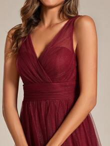 Elegant Deep V-Neck Split Back Bridesmaid Dress For Wedding - Burgundy - View 2