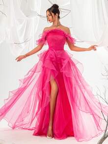 VIPGIRL Elegant Off-Shoulder Mesh High Waist Women's Evening Gown Formal Prom Wedding Guest Dress, For Graduation, Dinner - Pink - View 4