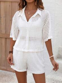 SHEIN LUNE Women's Drop Shoulder Short Sleeve Shirt And Shorts Set - White - View 3