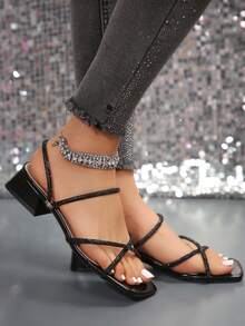 Square Toe Thick Heel Rhinestone Sandals For Women, Beige Fairy-Style High Heels Suitable For Dates, Banquets, Commuting, Parties, Summer & Autumn - Black - View 2