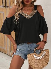 SHEIN LUNE 女士露肩t恤,有交織帶設計 - 黑色 - 查看 6