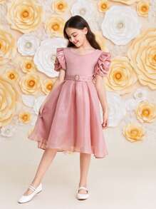 SHEIN Tween Girls' Elegant Mesh Embroidered 3d Flower Sleeves Short Sleeve Midi Dress - Pink - View 6