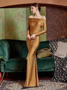 Long Sleeve Slim Fit Evening Party Dress - Brown - View 6