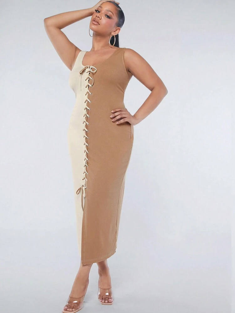 Plus Colorblock Lace Up Split Dress