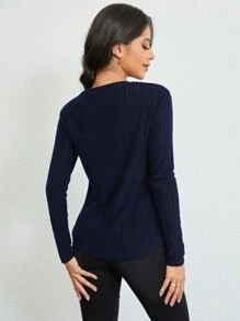 SHEIN LUNE Button Detail Ribbed Knit Tee Fall Cloth For Women